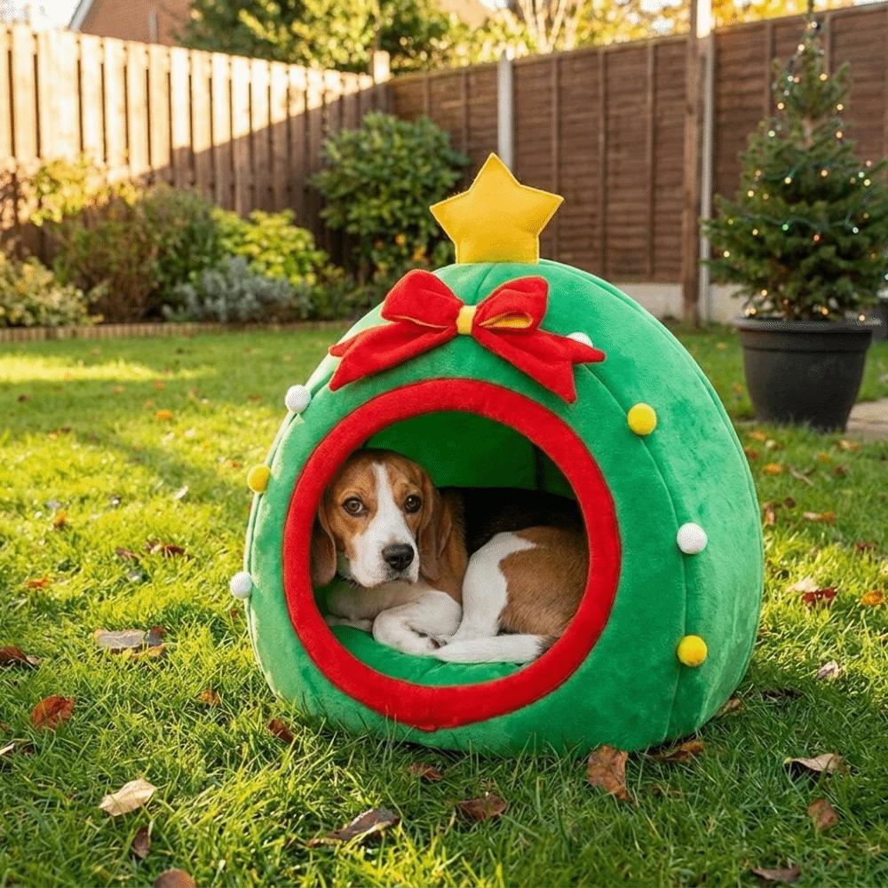 Semi-Enclosed Christmas Cat Nest Non-slip Pet Sleeping Cave Xmas Tree Shaped Pet House Indoor