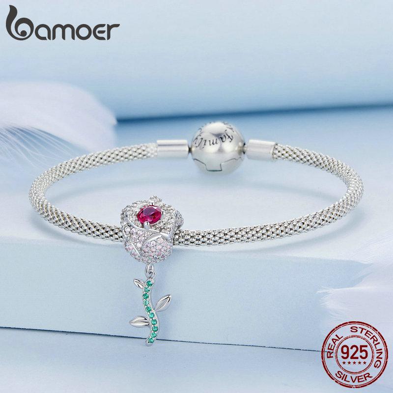 BAMOER 925 Sterling Silver Pink Zircon Rose Flower Bead Charms for Women Original Bracelet Bangle Necklace DIY Jewelry