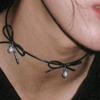 Niche Pure Desire Wind Handmade Bow Leather Choker Collar Necklace Women's High Sense Pearl Collarbone Chain