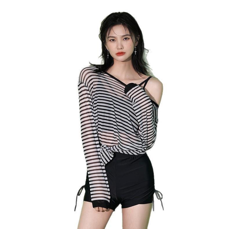 Women's Striped Three-Piece High-Waisted Bikini Set with Sun Protection Long-Sleeve Cover-Up - Conservative & Slimming, Ideal for Hot Springs