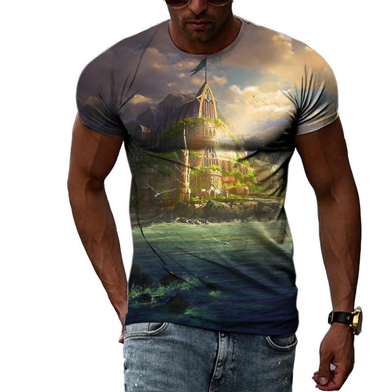Summer Boys Cartoon Landscape Hand Painted Graphic T Shirts Men Casual 3D Taste Kawaii Printed Round Neck Short Sleeve Tees Tops