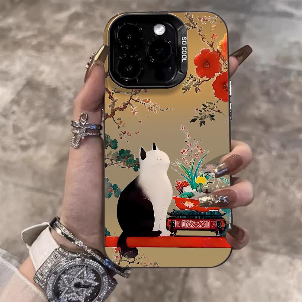 Elegant Chinese Garden Cat Ink Case For iPhone 17 Air 16 E 15 14 13 12 11 Pro Max 8 Plus X IMD Colored Silver Camera Frame Cover