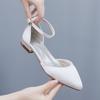 2 Cm Flat Heel Casual Pointed Toe Hollow Sandals Low Heel Light Mouth White Satin One-button Buckle Bride Wedding Shoes for Women