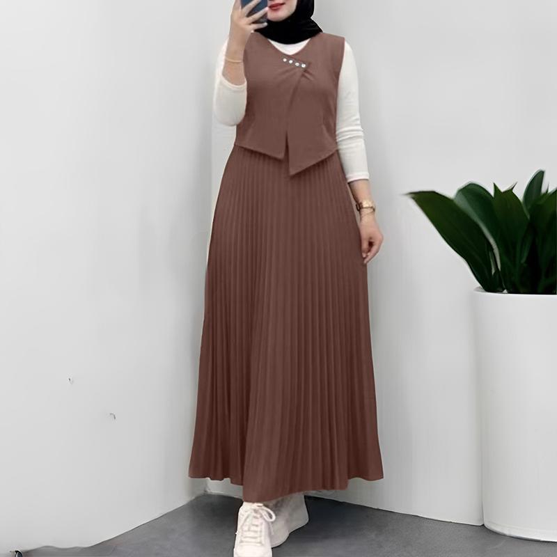 ZANZEA Women Casual Round Neck Splice Long Sleeve Retro Pleated Dress S коричневый