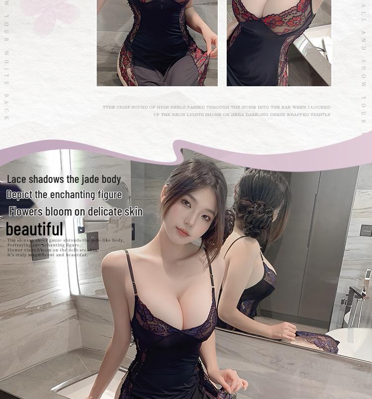 Seductive Lace Trim V-Neck Slit Lingerie Set – Temptation See-Through Nightgown