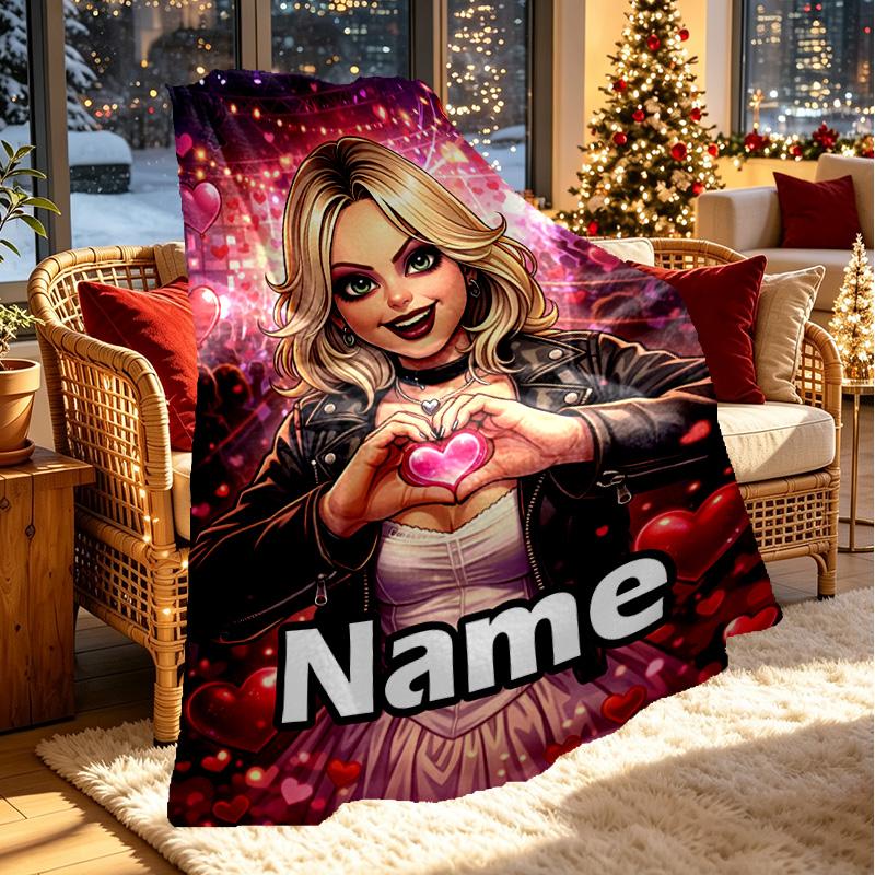 Custom Name Personalized Bride of Chucky Print Blanket, Home Decor, Bedroom, Sofa, Camping, Couch, Gifts for Birthday Christmas