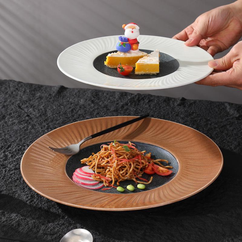 High-End Multi-Color Ceramic Dinnerware Set: Western Plates, Soup Bowls, Salad Bowls, and Wide-Edged Flat Plates for Commercial Use.