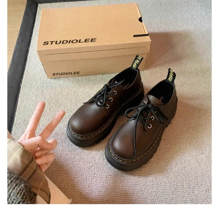 New Cowhide Grape Mother British Style Lace-up Heightened Thick Heel Thick Sole Derby Single Shoes Round Head Versatile Small Leather Shoes Women