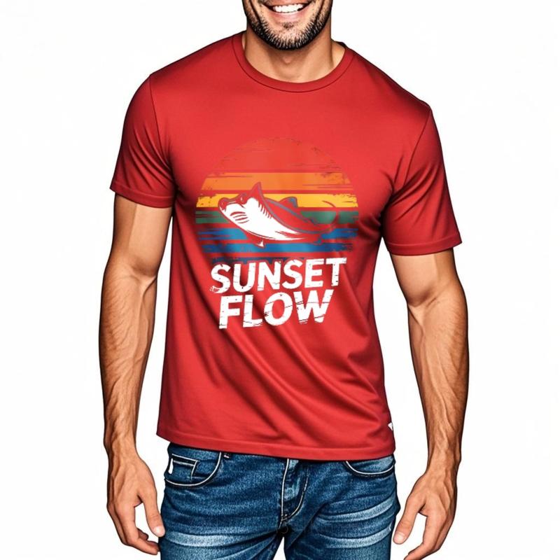 New Arrived Men Oneck tshirt Fashion Teeshirt Sunset Fish Retro Colorful Design Flow Pattern Anime Men Top tees Comfort Tshirt