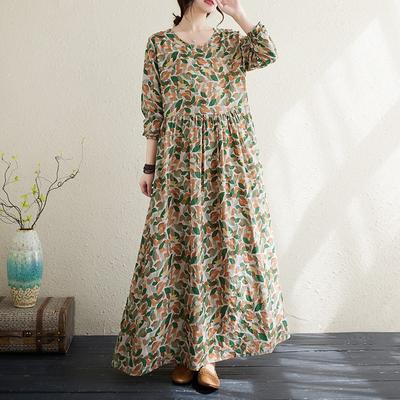 Vestidos de Algodón Lino Estampados Tallas Grandes Manga Larga Cuello Redondo Mujer Casual Suelto Largo Verano