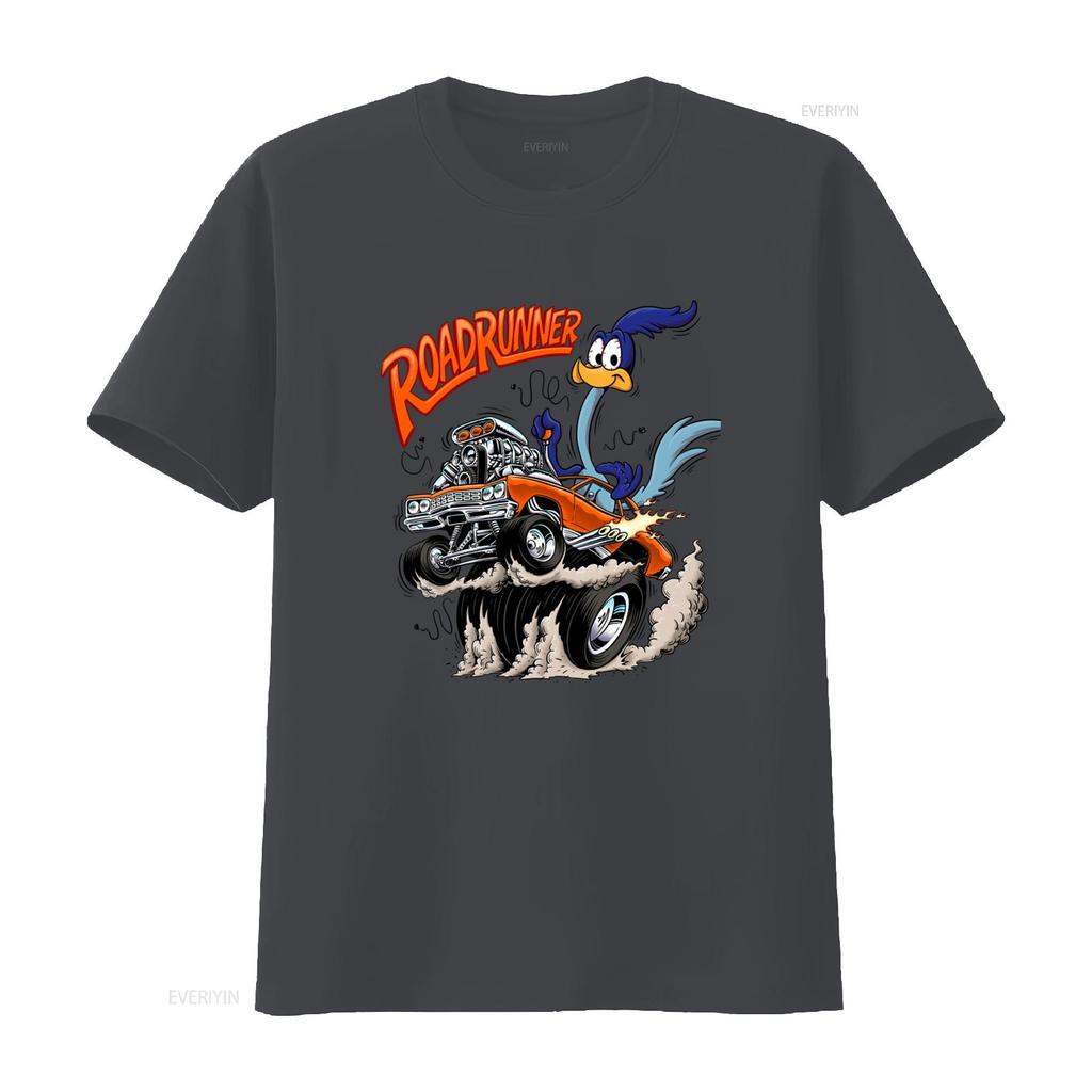 Road Runner Cartoon T Shirt Orange Hot Rod Car Design for Mens Fashion Vintage Washed Breathable Stylish Streetwear Fashion