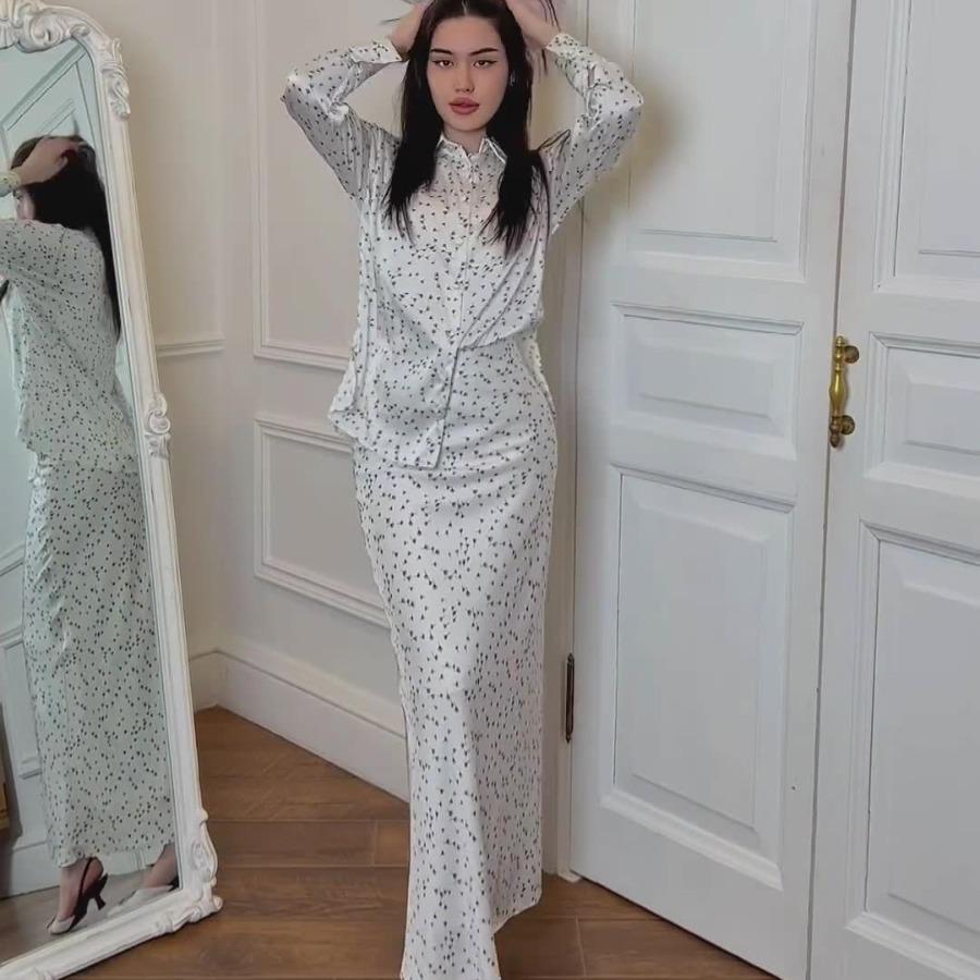 2024 Autumn Retro Print Shirt & Midi Skirt Two-Piece Set for Women