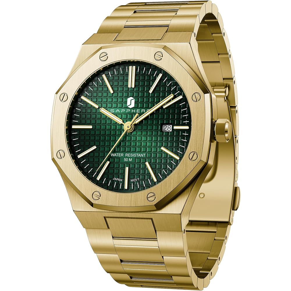 SAPPHERO Men s Chronograph Watch Stainless Steel 50M Water Resistant Analog Date Display Gold Green