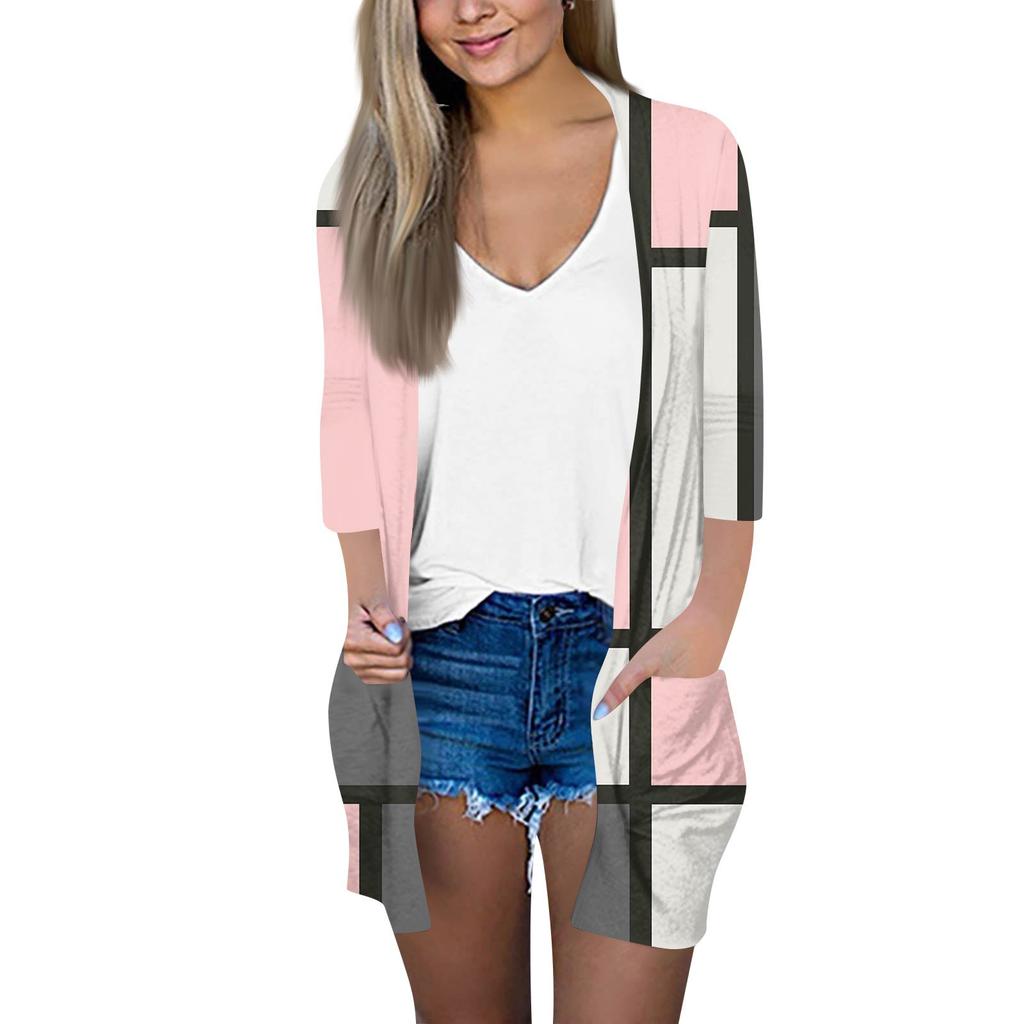 Women's Fashion Loose Casual Pocket Printed Cardigan Seven Sleeve Jacket Top
