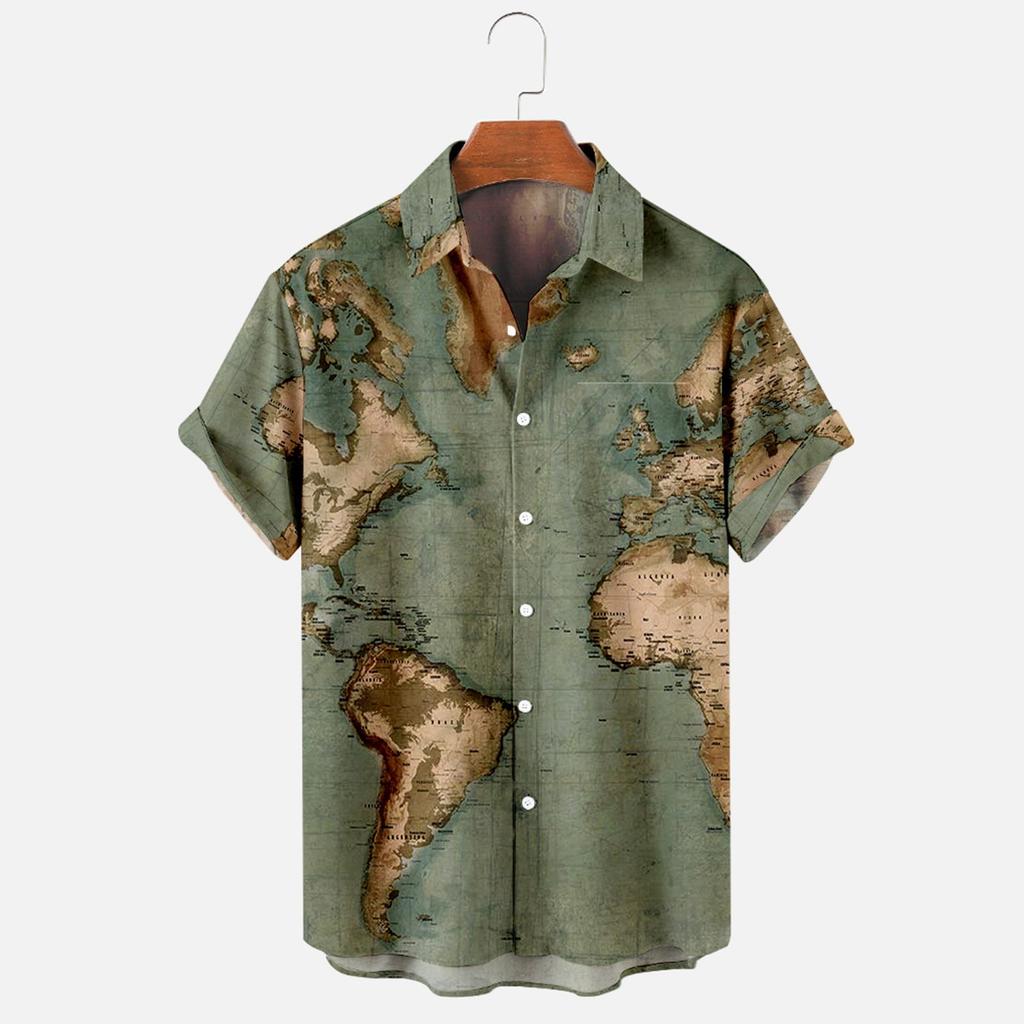 Breathable Quick Dry Short Sleeve Button Tops For Men, All Over Global Geographic Texture Relax Fit Vacation Travel Blouse