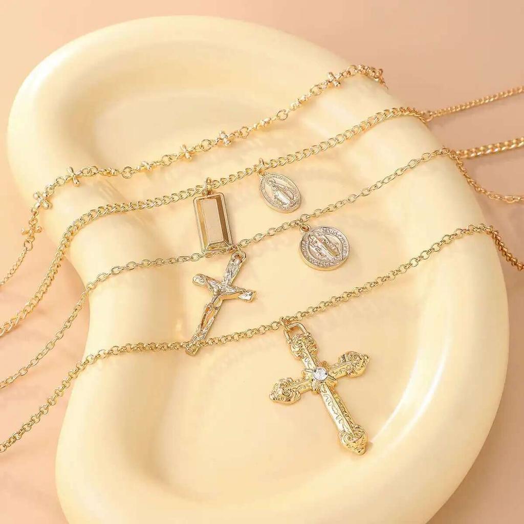 PuRui 4Pcs/Set Creative Square Dangle Jesus Cross Round Coin Pendant Alloy Necklace Women Fashion Party Banquet Y2K Zircon New