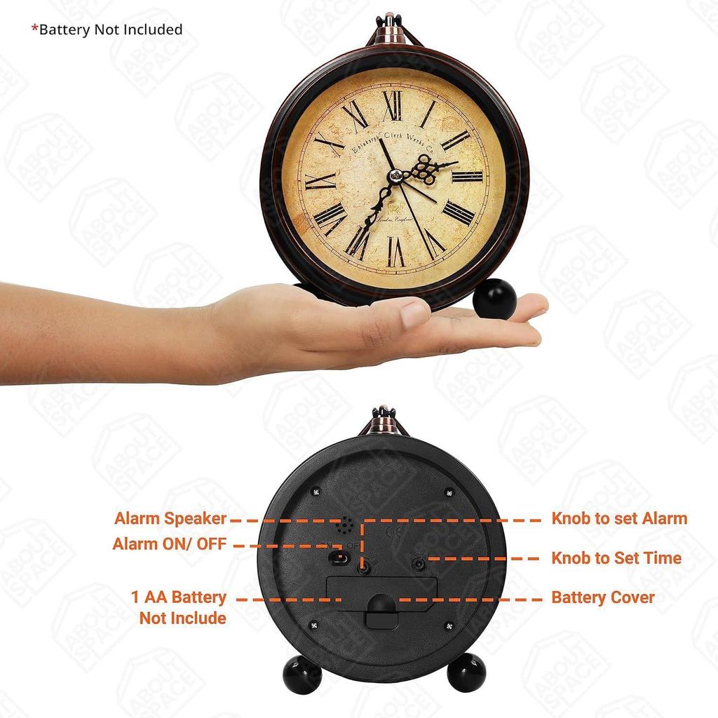 Vintage Alarm Clock Round Silent Analog Table Clock Non-Ticking with Roman Numerals, Hanging Hook - Battery Powered for Home Office Students