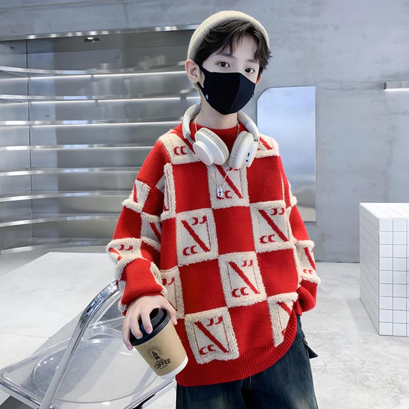Boys' Casual Thick Sweater Autumn and Winter Children's Mink and Fleece Base Shirt