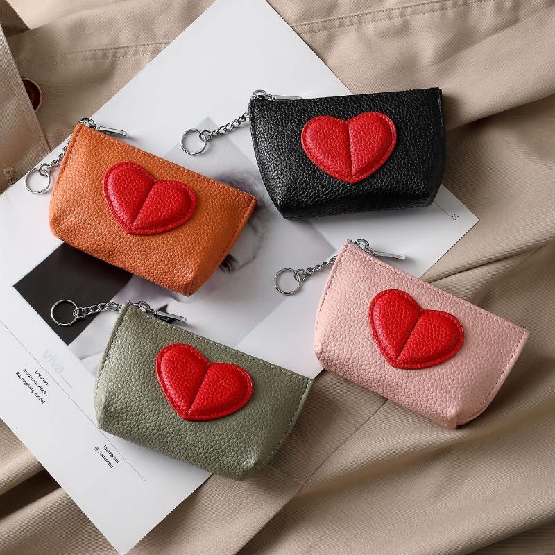 Color-Blocked Heart-Shaped Keychain Wallet Pu Mini Coin Purse For Women
