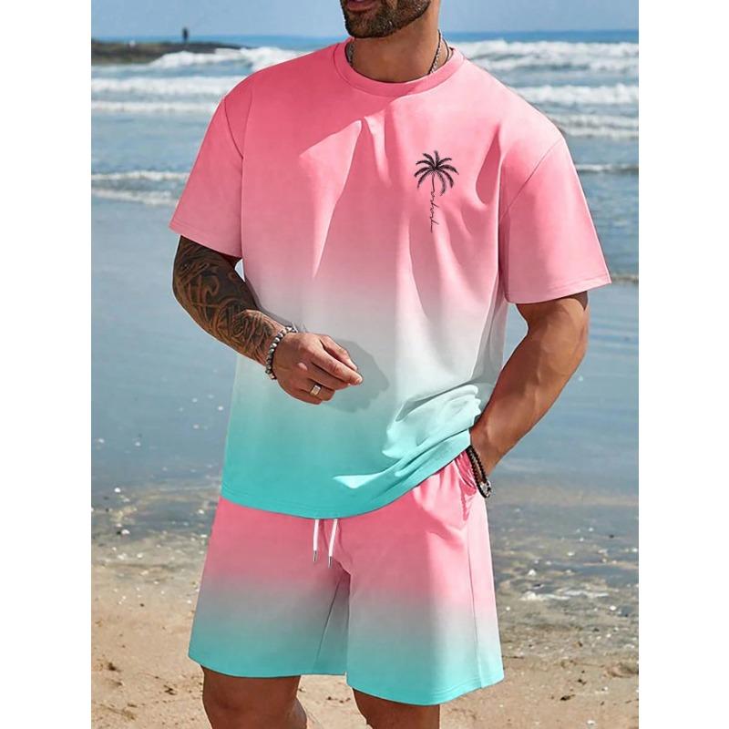 New Gradient Color T-shirt Shorts 2-pcs Set Short Sleeve T-shirts Elastic Waist Shorts Set Pocket Hawaiian Men's Beach Swimsuit