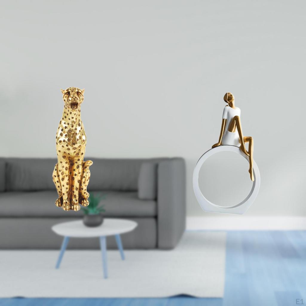 Golden Graceful Cheetah Lady Sculpture Elegant Animal Woman Tabletop Centerpiece Decorative Ornament