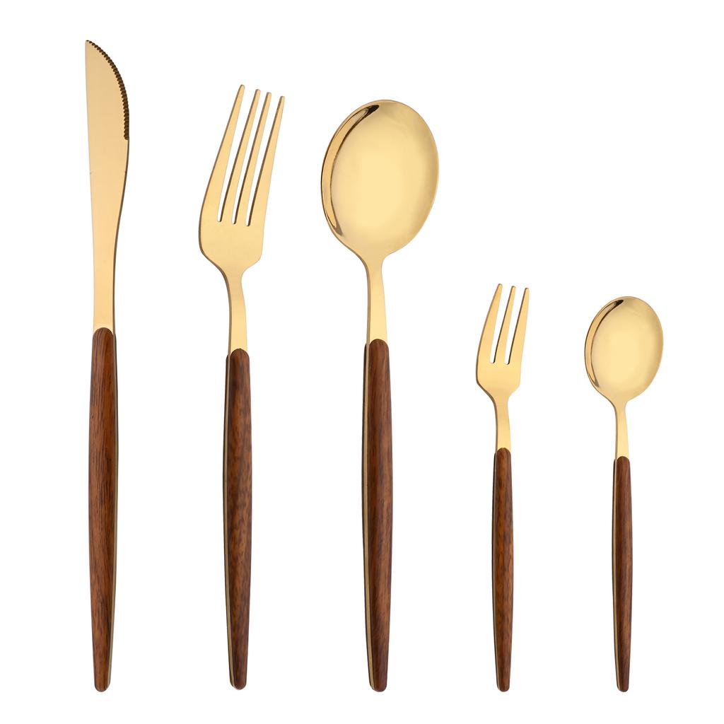 20 piezas/5 piezas de vajilla de acero inoxidable cuchillo tenedor cuchara espejo plata dorado mango de madera lavavajillas cocina cubiertos occidentales