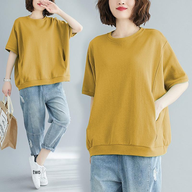 2025 Summer Plus Size Slimming T-Shirt for Girls: Loose Fit, Age-Reducing, Solid Color, Versatile Short Sleeve Top