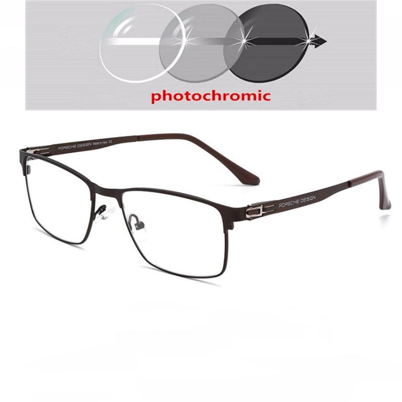 Full Frame Sun Photochromic Gray Square Prescription Eyeglasses Men Metal Student Power Spectacles 0 -0.5 -0.75 To -6.0