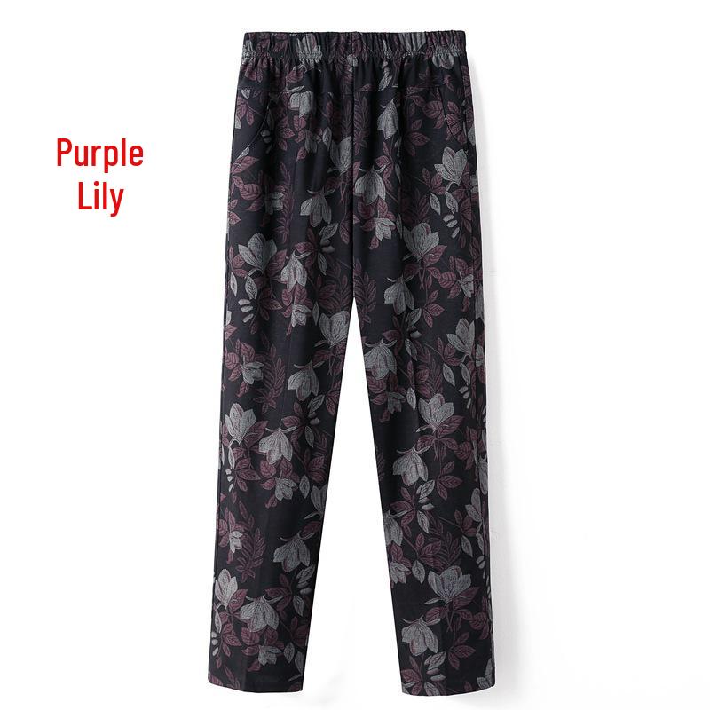 Women's Fleece-Lined Pants, Loose Straight Leg for Middle-Aged/Elderly, Patterned Plus Size, Mom's Style, Fit for All Seasons (Spring, Autumn, Winter)
