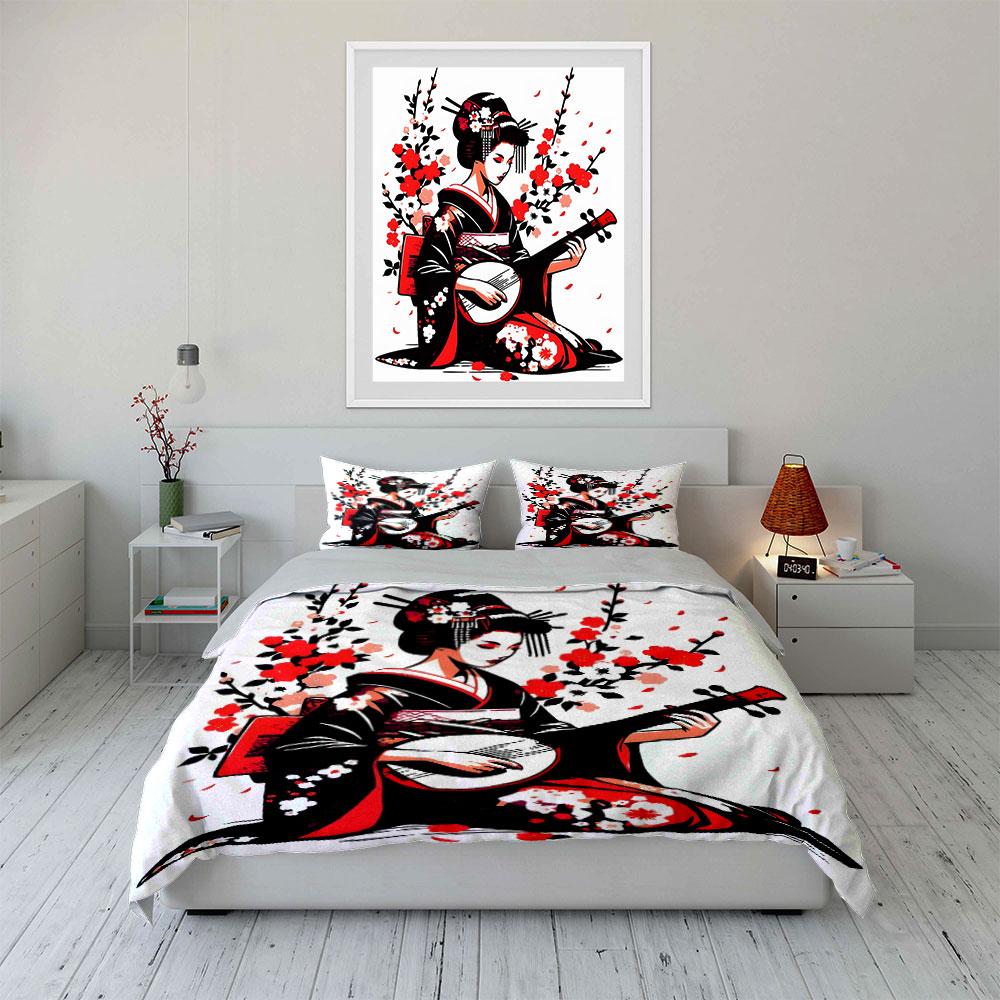 Geisha In Kimono Playing Shamisen Printed Duvet Cover Set1 Duvet Cover+2 Pillowcasemulti Size Bedroom Bedding Decor