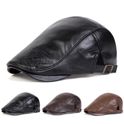 1985 Embossing Process Beret Hat Adjustable Fashion Peaked Cap Pu Leather Men Artist Hats Wild Caps
