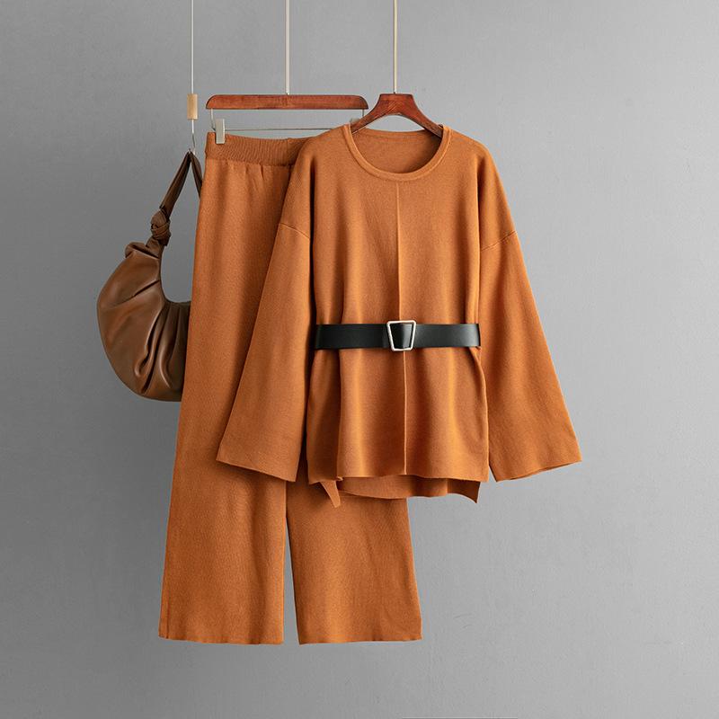 Mode Set Damen Herbst Winter Gestricktes Gürtel Top Locker Hohe Taille Weites Bein Hose Zweiteiliges Set