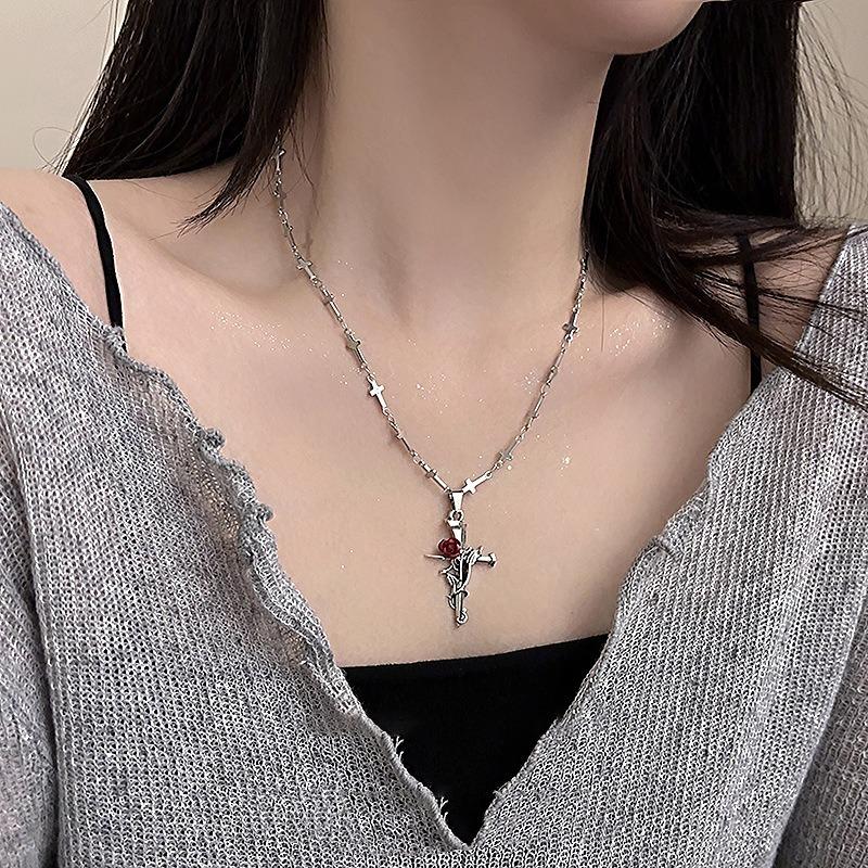 Punk Gothic Red Rose Vine Cross Pendant Necklace for Women Men Vintage Rock Cool Silver Color Cross Chain Party Jewelry Gifts