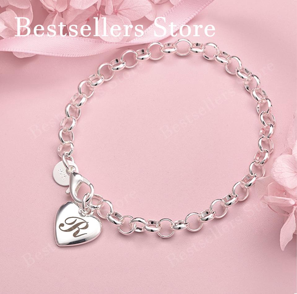 Luxury 925 sterling silver 8-inch 26 letter heart-shaped bracelet for women's fashionable wedding accessories