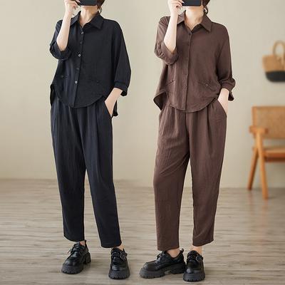 Verão   Conjunto de Camisa Solta de Manga Longa Moda Feminina Temperamento Calça Reta Simples Conjunto de Duas Peças