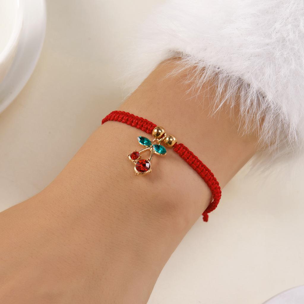 Fashion Simple Rhinestone Cherry Braided Bracelet for Women Delicate Colorful Charm Rope Bracelet Girls Party Jewelry Gift
