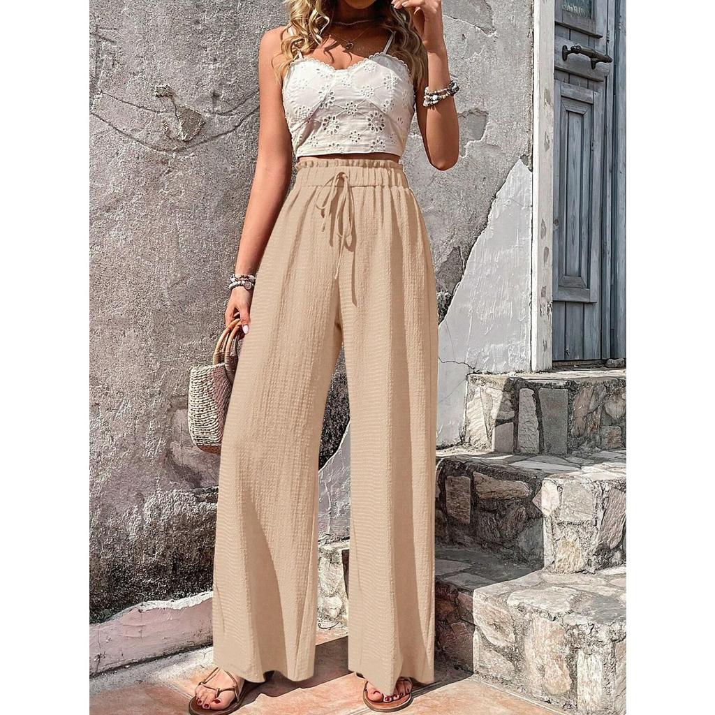Women's Drawstring Elastic Waist Textured Crinkle Wide Leg Pants Loose Fit Casual Summer Beach Trousers