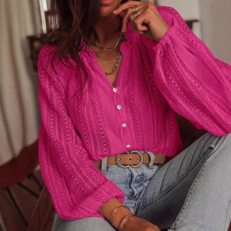 Loose Fashionable Hollow Lace V Neck Long Sleeve Shirt For Women