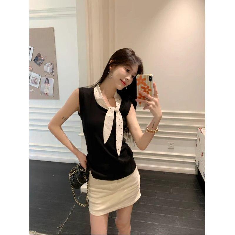 Women s Black Polka Dot Bow Sleeveless Cropped Vest Top - Slim Fit, Summer 2026 French Style M
