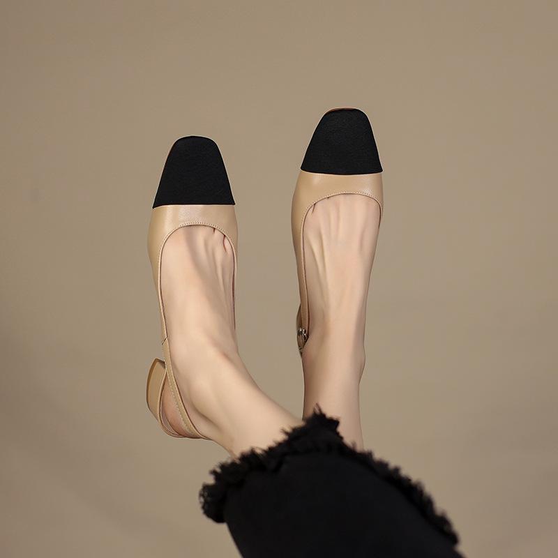 Xiaoxiangfeng Baotou Sandals Women's 2025 New Summer Versatile French Medium Heel Back Empty Women's Shoes Thick Heel Color Matching Shoes