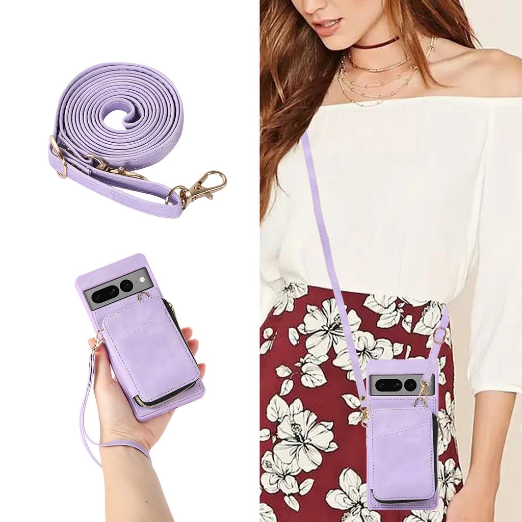 Zipper Crossbody Leather Wallet Necklace Lanyard Cards Solt Case For Google Pixel 7 Pro 7A 6A Bag Coin Purse Hand Strap Cover