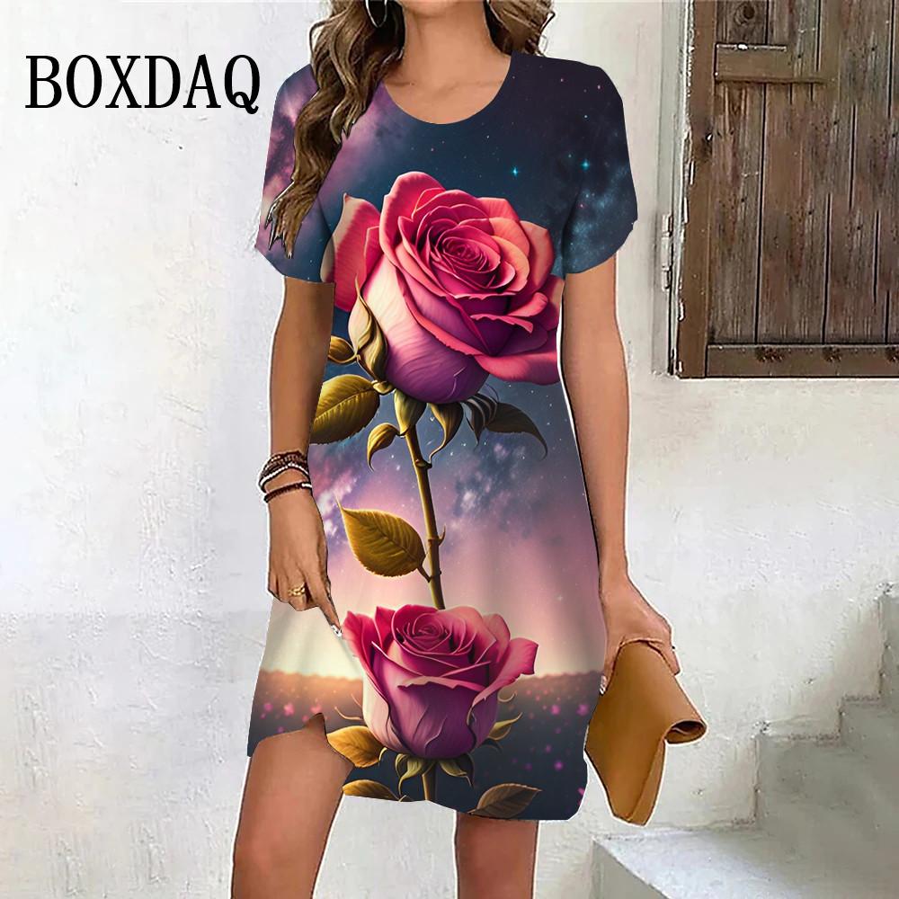 Nowe Letnie Sukienki na Imprezę Plażową Dla Kobiet Vintage Tie Dye Czerwony Różowy Kwiatowy Wzór Sukienka Krótki Rękaw Pulower Luźna Duży Rozmiar Sukienka