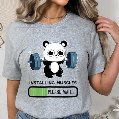 Tricou Funny Panda Gym Print Tricouri de vară pentru femei O-gât casual cu mânecă scurtă Haltere Instalare mușchi Tricou de vară