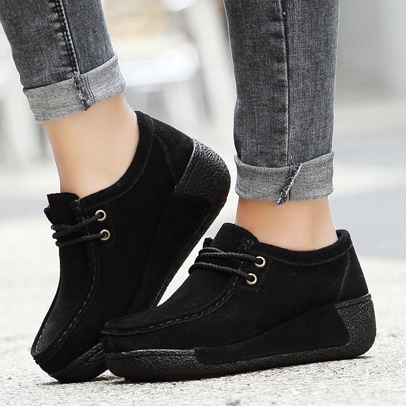 Autumn Thick Bottom Moccasins Loafers Ladies Non-Slip Lace Up Walking Shoes High Quality Cow Suede Spring Casual Shoes Women
