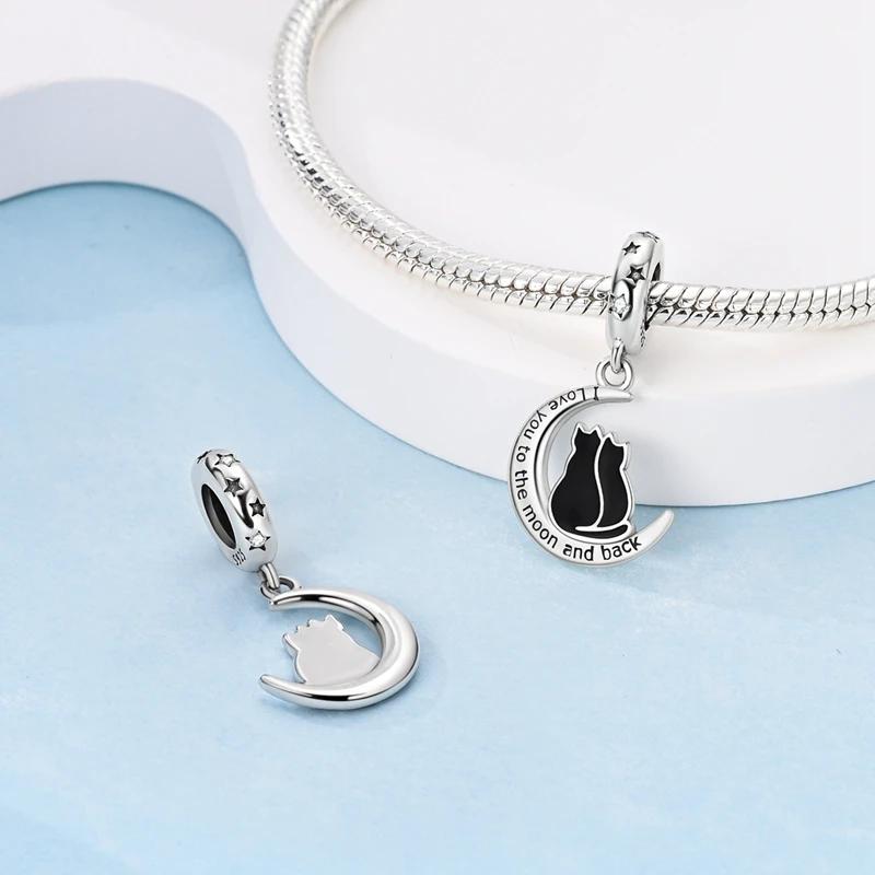 Genuine Lovely Charm Copper Star Moon Couple Black Cat Bead Fits Plata Bracelet For Women Jewellery Crafting Gift