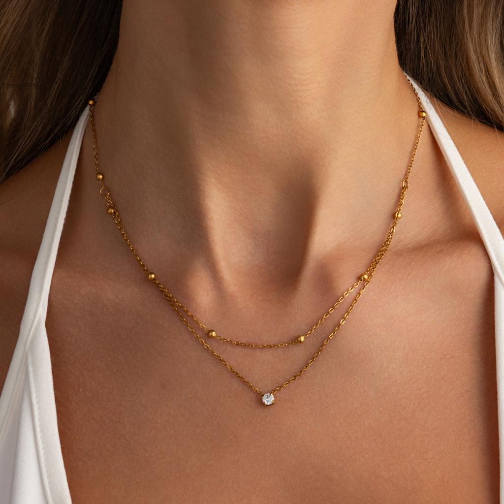 Salircon Stylish Shiny Zircon Doublelayer Staniless Steel Pendant Necklace Waterproof 18k Gold Plated Choker Fashion Jewelry New