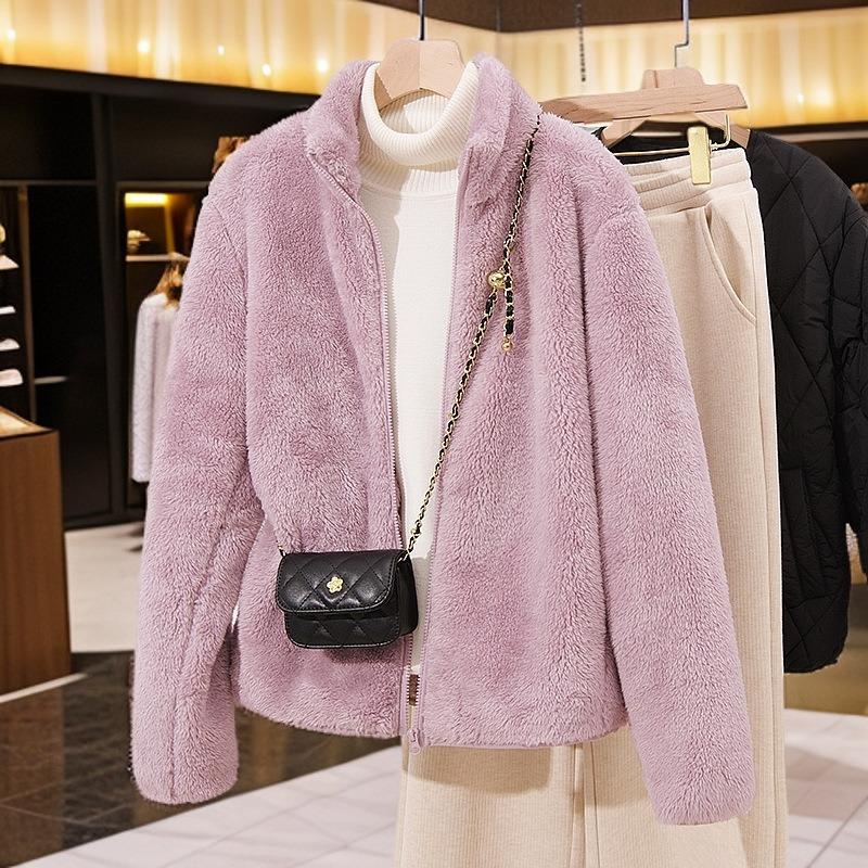 Lazy Wind Loose Zipper Fleece Jacket Women's Autumn and Winter Thickened Warm Stand-up Neck Cardigan Sweater Tide