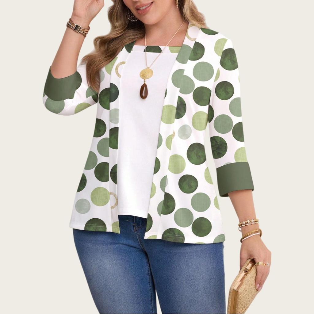 2025 Plus Size Floral Print Casual Two-Piece Seven-Sleeve Top for Women