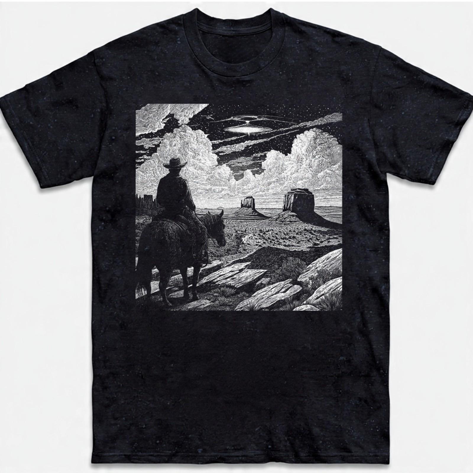 Western Alien T-Shirt Cowboy Horse Watching UFO In Desert Vintage Sweatshirt S