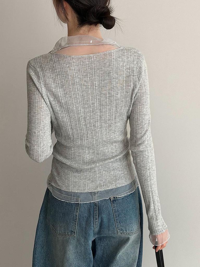Lu Xi Women's V-neck Korean Style Mesh Patchwork Knit Top, Early Spring 2026 Collection